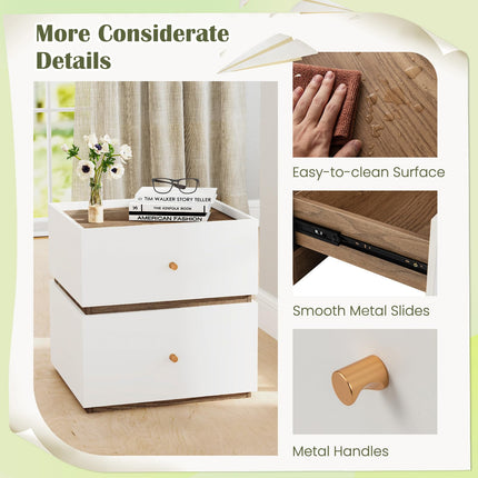 Dreamade Modern Nightstand with 2 Storage Drawers, Wooden Night Stand with Raised Edge