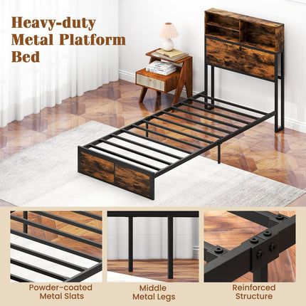 Dreamade King/Queen/Twin Size Bed Frame with Storage Headboard and Charging Station, Industrial Metal Platform Bed