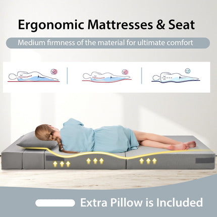 Dreamade 6 Inch Folding Sofa Bed Couch with Pillow, Tri-fold Mattress with High-Density Foam, Dark Grey