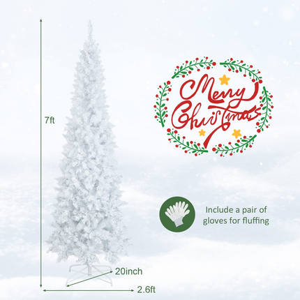 Dreamade 7ft White Pre-Lit Pencil Christmas Tree, Artificial Hinged Slim Tree with 800 Tips, 300 Warm White Lights - DreamadeUS