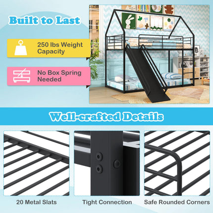 Dreamade Twin Over Twin Bunk Bed with Slide & Ladder House-Shaped Metal Bunk Bed Frame with Safety Guardrail & Roof