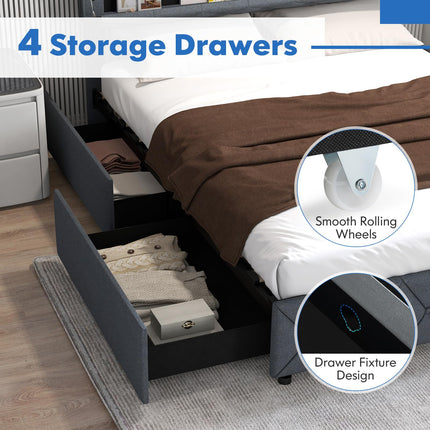 Dreamade Queen/Full Size Bed Frame with Storage Headboard and 4 Drawers, Modern Upholstered Platform Bed with Charging Station