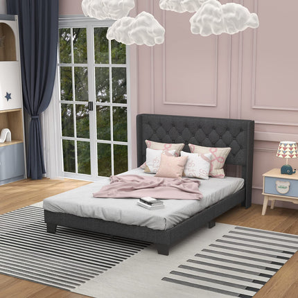 Dreamade Queen/Full/Twin Size Bed Frame with Button Tufted Headboard, Modern Fabric Upholstered Platform Bed with Wingback Design, Grey