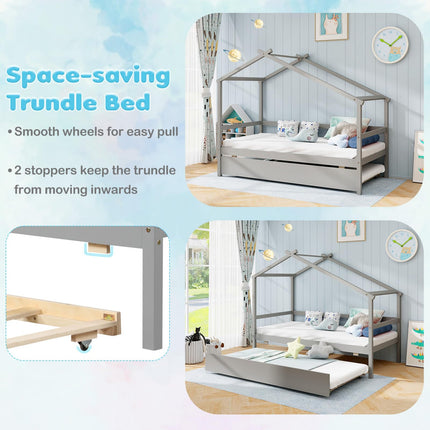 Dreamade Wood House Bed for Kids, Twin Bed Frame with Trundle Bed Twin