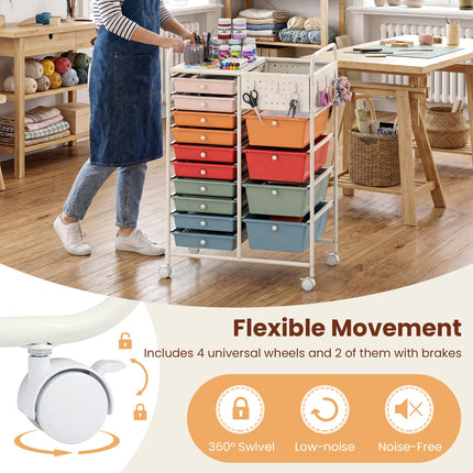 Dreamade 14 Drawer Storage Cart | Rolling Craft Cart with Metal Tabletop & Pegboard