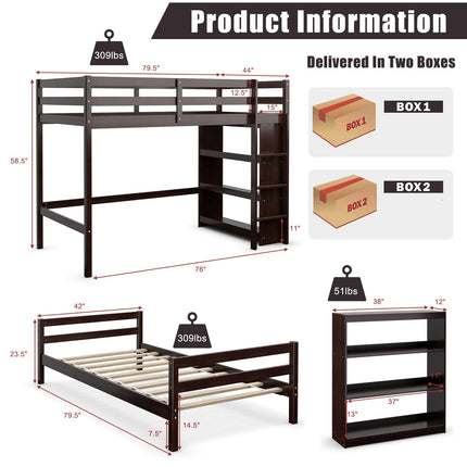 Dreamade Twin Over Twin Loft Bed w/ Bookcase, Bunk Bed w/ 12.5" Full-Length Guardrail & Ladder