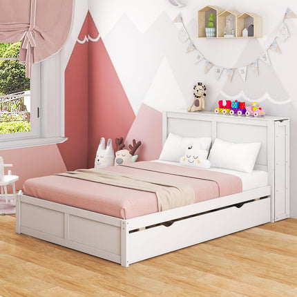 Dreamade Full Bed Frame with Twin Trundle, Wooden Bed Wooden Bed Frame with 2 Rolling Bookcases & High Headboard