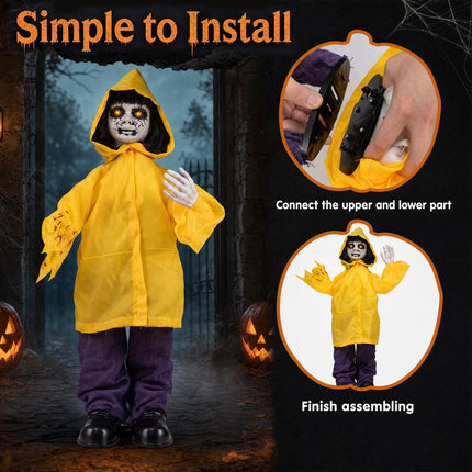 DREAMADE 30 Inch Halloween Little Yellow Raincoat Animatronic Prop Decor