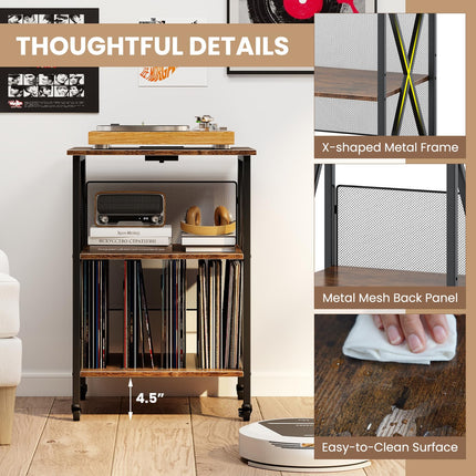 Dreamade Record Player Stand with Charging Station Turntable Stand with Record Storage & 4 Rolling Wheels