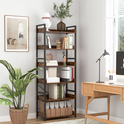 Dreamade Industrial 6-Tier Bookshelf, 70" Tall Freestanding Storage Display Shelf with 4 Hooks