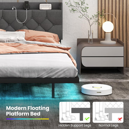 Dreamade Queen/Full Size Floating Bed Frame with LED Lights, Modern Platform Bed with Adjustable Upholstered Headboard & Charging Station