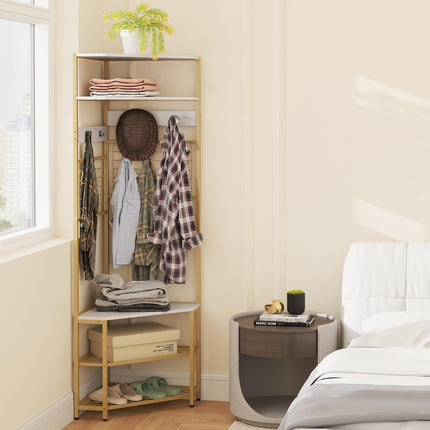 Dreamade Corner Hall Tree, 73" Tall Coat Rack w/Shoe Storage Bench, 12 Metal Hooks, 5-Tier Entryway Shoes Shelf Organizer