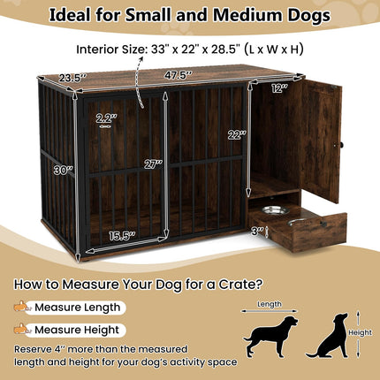 Dreamade 47.5" Dog Crate Furniture with Hidden Feeding Drawer & Side Storage Cabinet