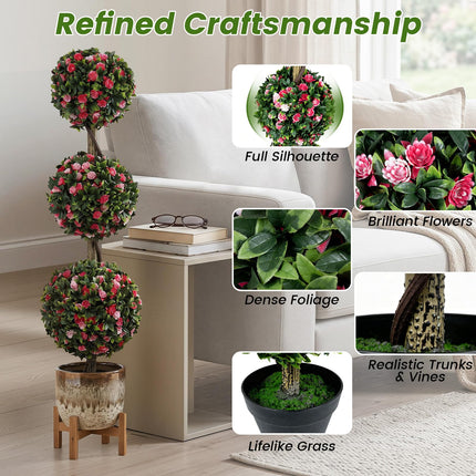 Dreamade 43.5" Faux Potted Floral Plant Artificial Triple Ball Rose Topiary Tree ( 1/2 pack )