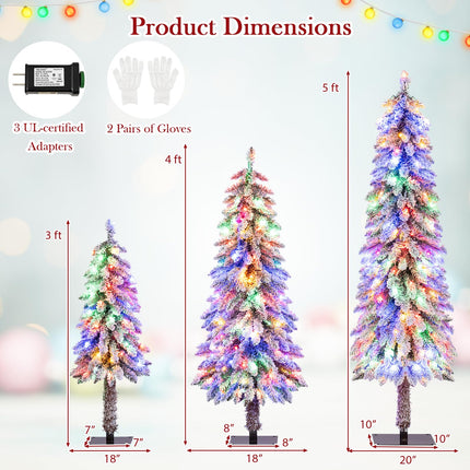 Dreamade 3' 4' 5' Pre-Lit Snow Flocked Christmas Tree Set of 3 with 300 Multicolored LED Lights