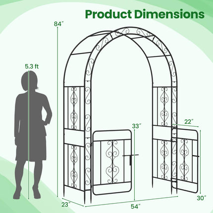 Dreamade Garden Arbor with Gate, 84" H x 54" W Metal Arch Trellis for Climbing Plants Rose Vines
