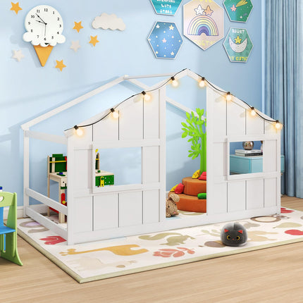 Dreamade Twin Kids House Bed with Light Bulbs Wooden Montessori Floor Bed Frame with Roof & Windows
