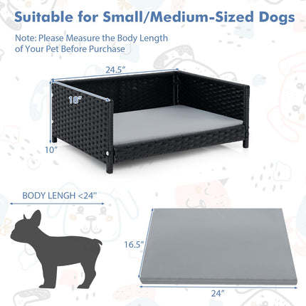 Dreamade Wicker Dog Bed, Raised Woven Rattan Pet Bed Sofa Couch w/Waterproof & Washable Cushion