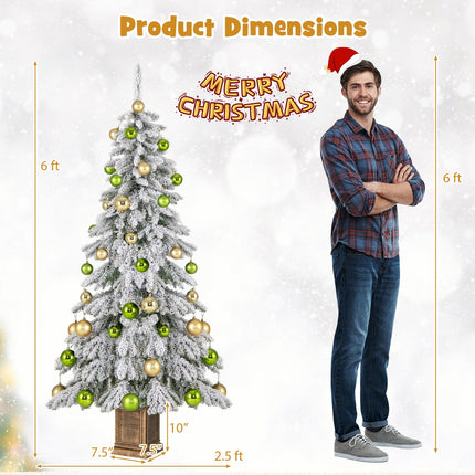 Dreamade 6ft Snow Flocked Christmas Tree for Entrances, Hinged Artificial Potted Xmas Tree with 48 Ball Ornaments