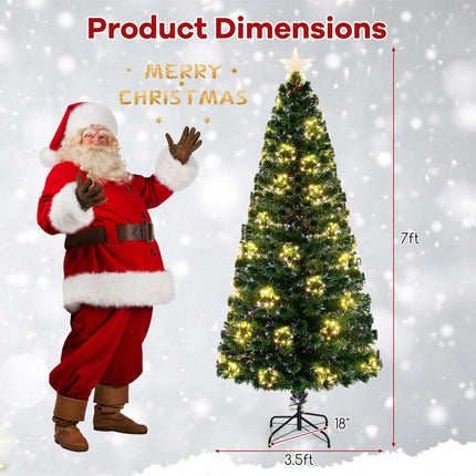 Dreamade 7ft Pre-Lit Fiber Optic Christmas Tree, Artificial Lighted Xmas Tree with 48 Warm-White Shape-Adjustable Star String Lights