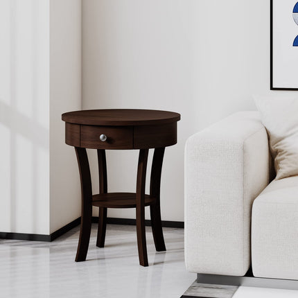 Dreamade Round End Table with Drawer, 2-Tier Wood Side Table w/Open Shelf