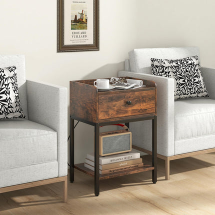 Dreamade Nightstand with Charging Station, Industrial Bedside Table with Storage Drawer & Open Shelf