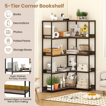 Dreamade 5 Tier Corner Bookshelf with Metal Frame for Living Room