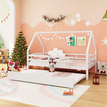 Dreamade Twin House Bed with Trundle, Wood Kids Bed Frame with Roof & Fence Rails
