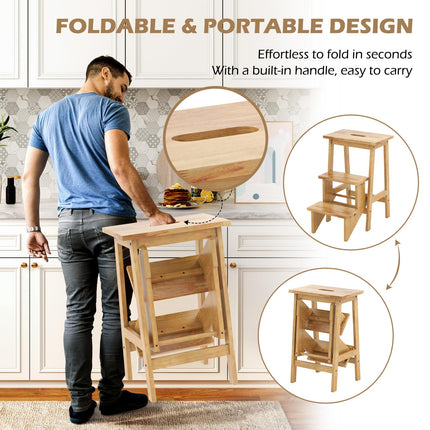 DreamadeFolding 3 Tier Step Ladder, Multipurpose 3-in-1 Wood Step Stool with Anti-Slip (Natural)