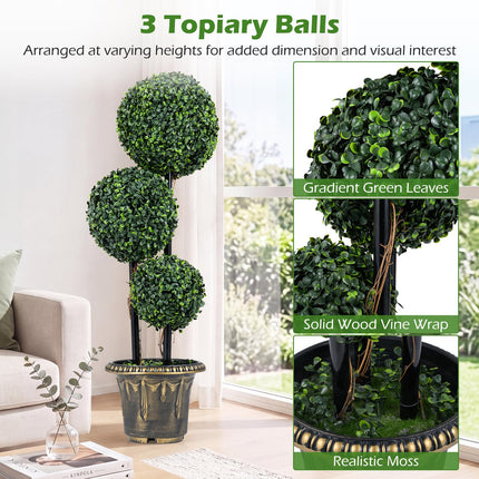 Dreamade 3 FT Artificial Boxwood Topiary Tree Sun-Protective Triple Ball Fake Plants Shrubs (1/2 Pack)