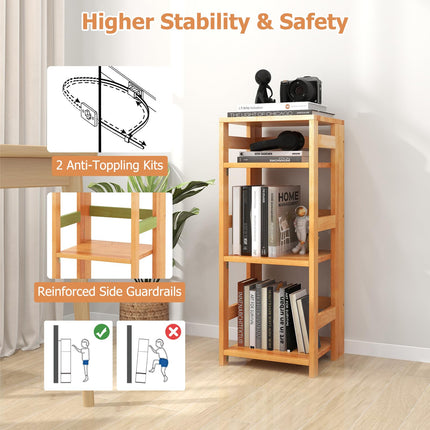 Dreamade 4-Tier Bookshelf, 34.5" Floor Storage Shelf w/Rubber Wood Frame, Anti-Toppling Kits, 14" x 13" x 34.5"
