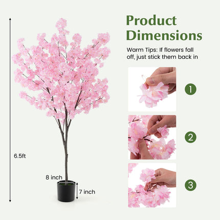 Dreamade 6.5FT Artificial Cherry Blossom Tree, Pink Fake Flower Tree, Faux Floral Plant Blooming Tree in Cement Pot