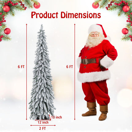 Dreamade 6ft Pre-Lit Flocked Christmas Tree, Artificial Slim Pencil Xmas Tree with 250 LED Lights