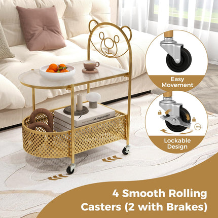Dreamade Mobile Glass Coffee Table, 2-Tier Modern Cocktail Table with Bear Pattern, Storage Basket & Metal Frame