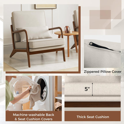 Dreamade Mid Century Modern Accent Chair, Upholstered Armchair with Pillow, Rubber Wood Armrests & Legs