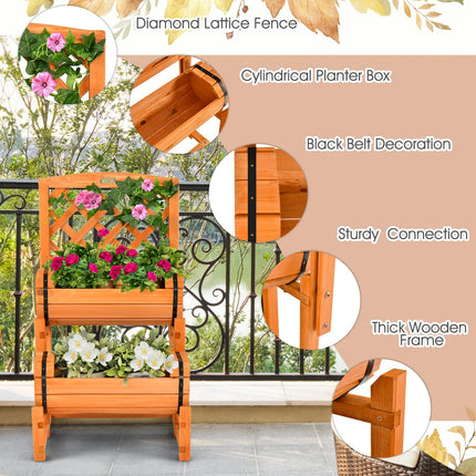 Dreamade Raised Garden Bed with 2 Barrel Planters & Trellis, 2-Tier Freestanding Wooden Raised Bed for Vegetable Flower Fruit