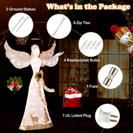Dreamade Pre-lit 3D Glittered Angel with 100 Warm White Lights Halo Bow Ground Stakes