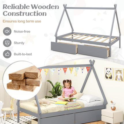 Dreamade Twin Bed Frame with 2 Storage Drawers, Wood House Tent Platform Bed Frame with Triangle Structure