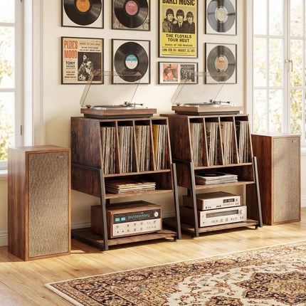 Dreamade Record Player Stand on Wheels | 3-Tier Turntable Stand with Charging Station