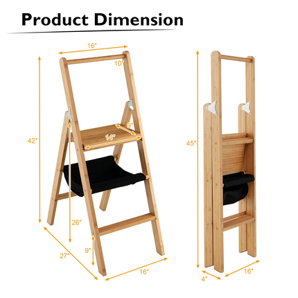 100% Bamboo Folding Step Stool with Handrail | 3 Step Ladder