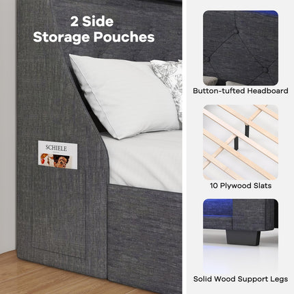 Dreamade Full Size Bed Frame with LED Lights & Charging Station, Upholstered Platform Bed with Wingback Headboard