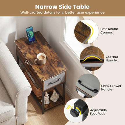 Dreamade Narrow Side Table with Charging Station and LED Lights Industrial End Table