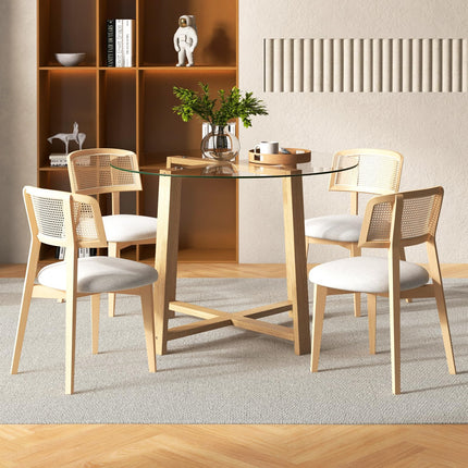 Dreamade 42” Round Dining Table for 4, Kitchen Table with 0.3” Tempered Glass Tabletop, Rubber Wood Legs