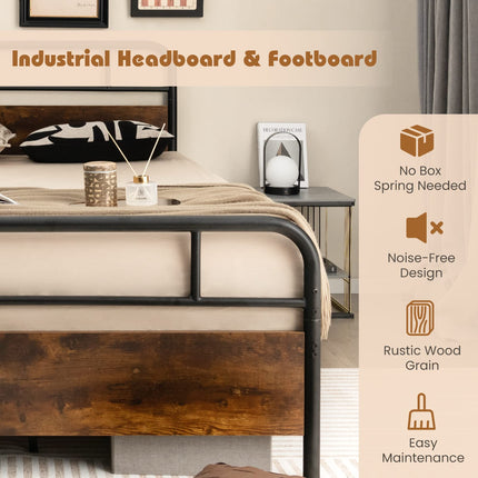 Dreamade Full Size Metal Bed Frame with Wood Headboard and Footboard