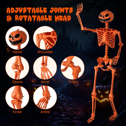 Dreamade 5.2 Ft Life-Size Posable Skeleton with Pumpkin Head Halloween Orange Skeleton Decoration
