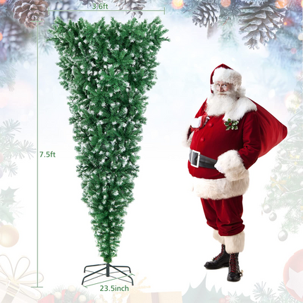 Dreamade 7.5ft Pre-lit Upside Down Christmas Tree, Hinged Inverted Artificial Xmas Tree W/ 1100 Snowy Branch Tips - DreamadeUS