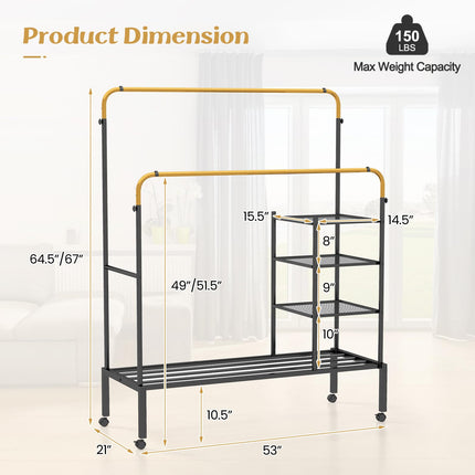 Dreamade Double Rods Garment Rack with Wheels, Clothing Rack w/ 2 Hanging Height Adjustable Rods, Side Mesh Racks