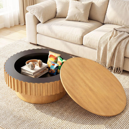 Dreamade Round Coffee Table with Storage | Modern Drum Fluted Center Table with Solid Wood Veneered