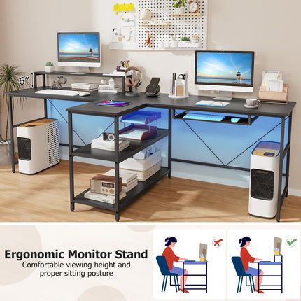 Dreamade 94.5” 2 Person Desk with LED Lights, Long PC Study Desk with Storage Shelves, Power Outlets