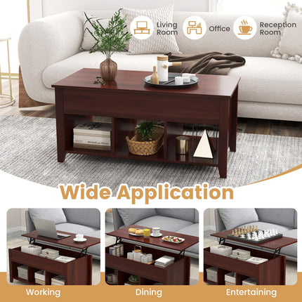 Dreamade Lift Top Coffee Table - Rectangular Wooden Table w/Hidden Compartment & Open Storage Shelves
